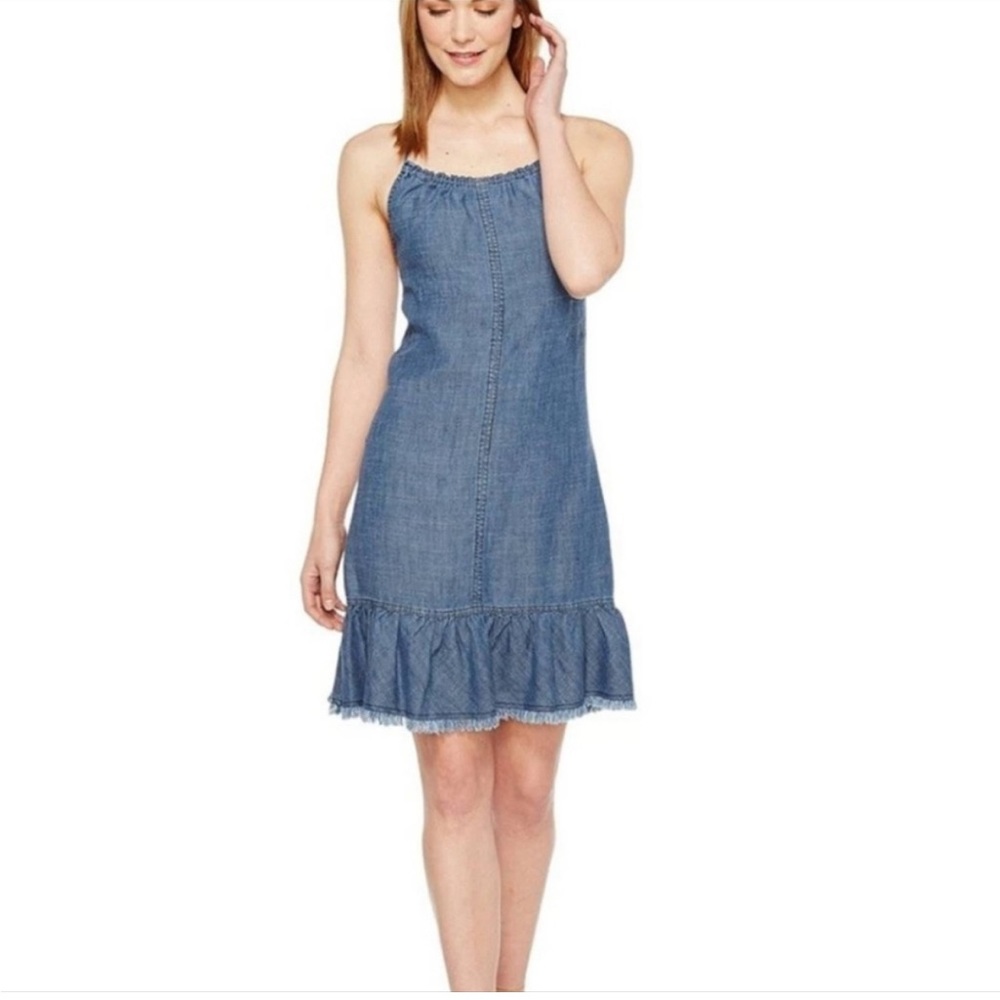 Trina Turk chambray ruffled fringed hem halter dress, size medium.